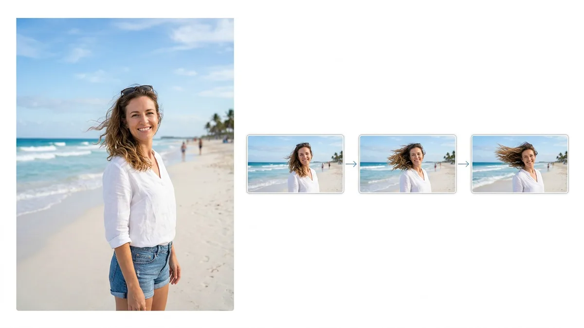 A still photo of a woman on a beach next to three frames of the generated clip showing her hair moving